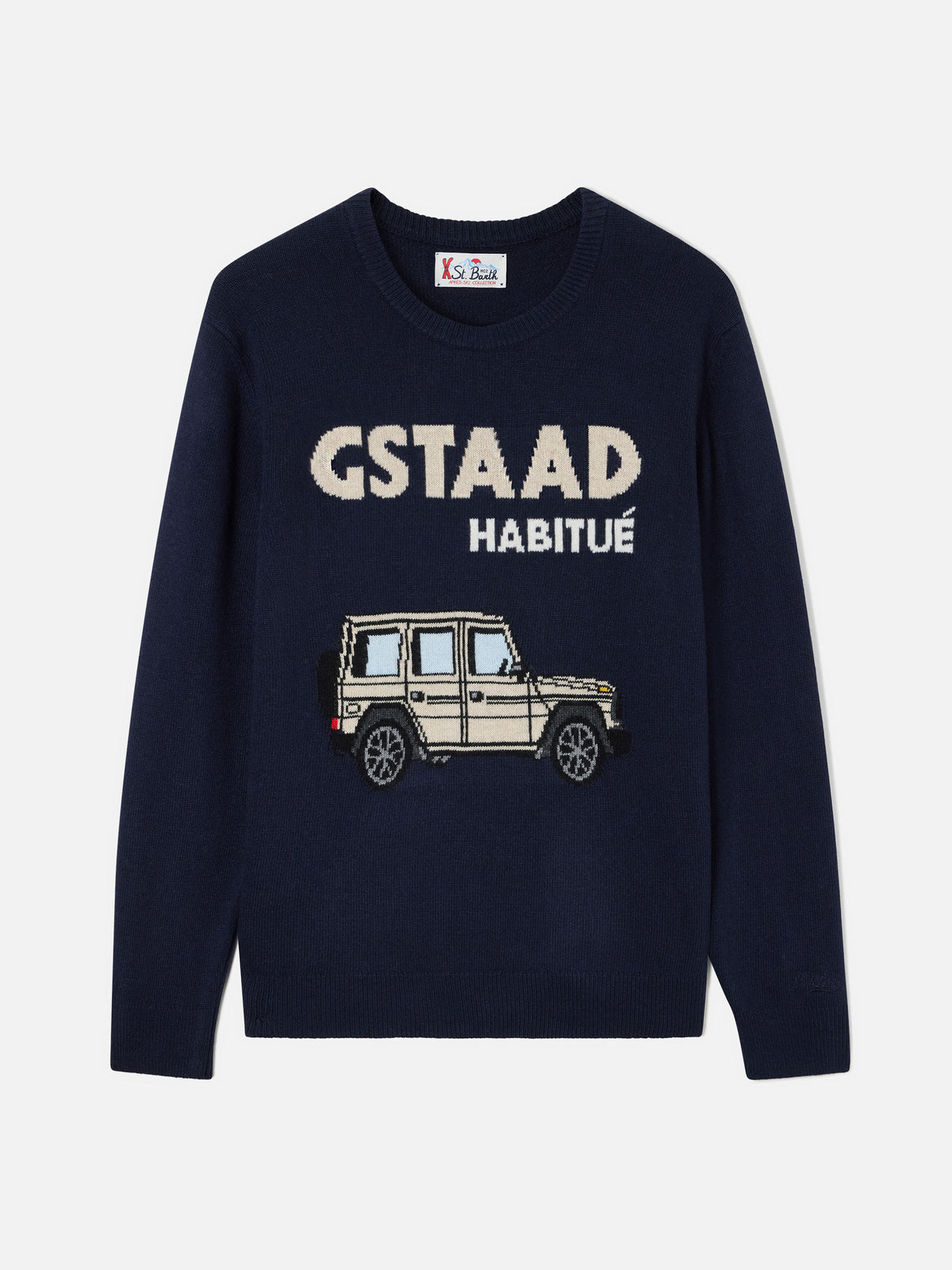Jersey de punto con cuello redondo Heron Navy blue con intarsia Gstaad Habitué 