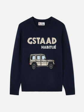 Jersey de punto con cuello redondo Heron Navy blue con intarsia Gstaad Habitué 