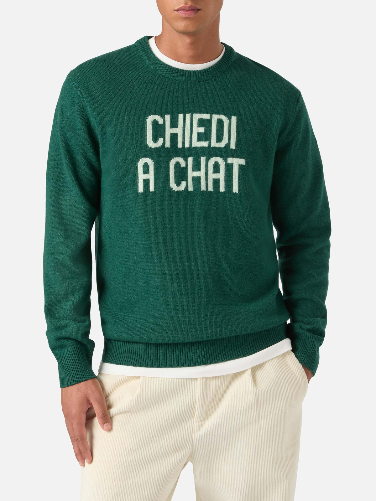 Green Heron crewneck knit with Chiedi A Chat intarsia