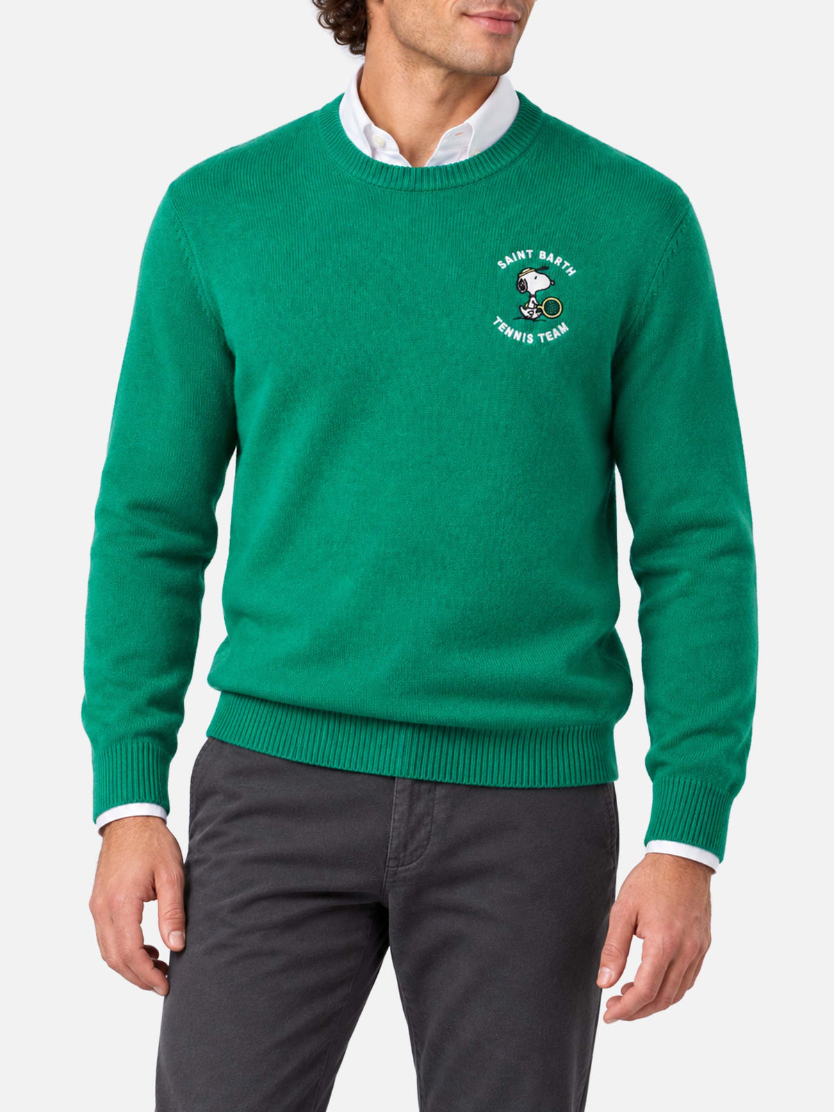 Green Heron crewneck sweater with Snoopy tennis jacquard | Special edition