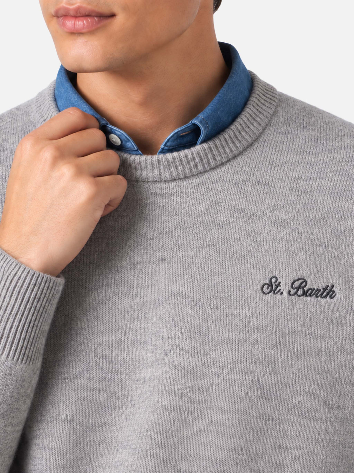 Light grey melange Heron sweater with logo embroidery