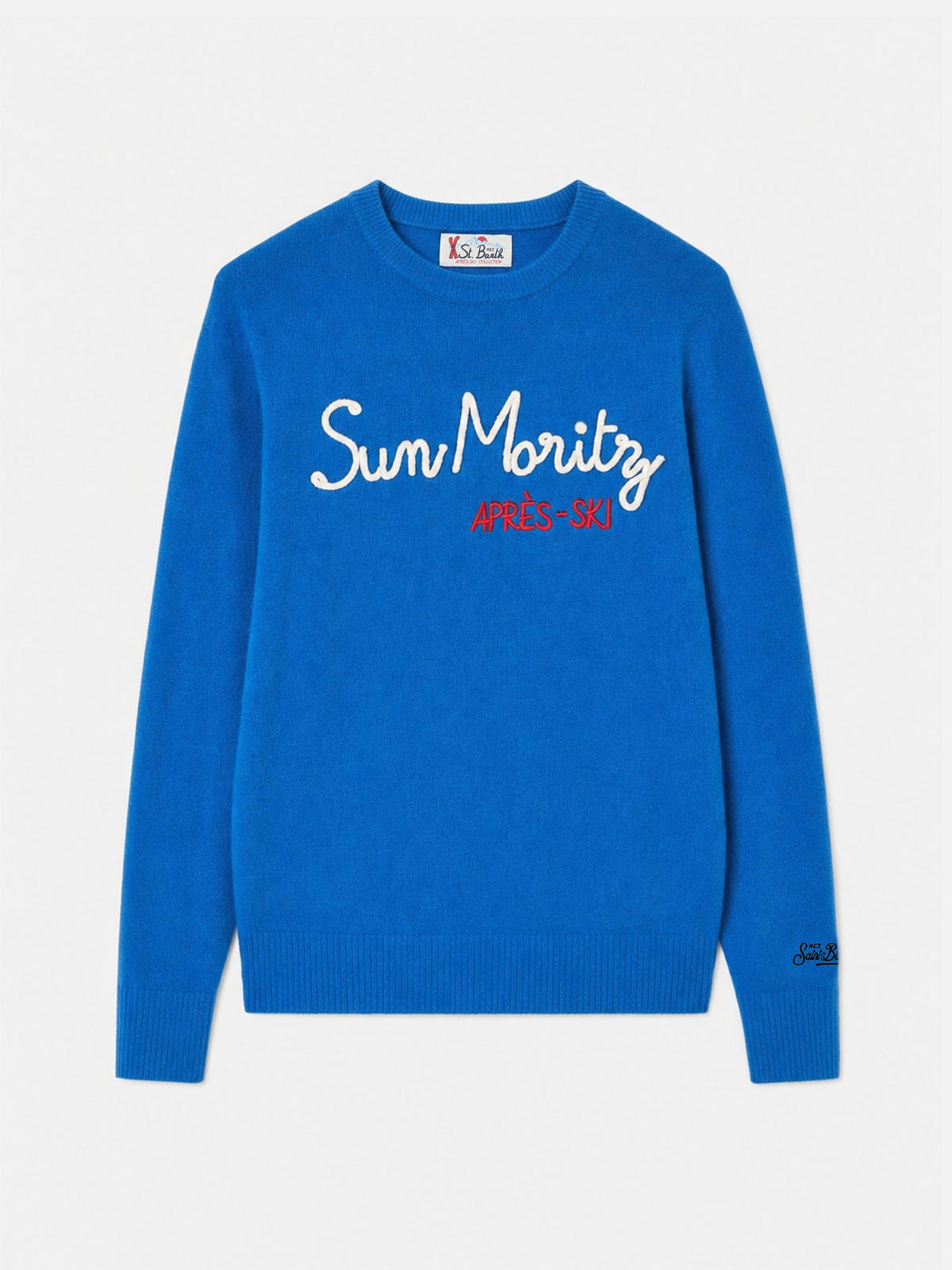 Blue Heron crewneck sweater with St. Moritz Après Ski embroidery