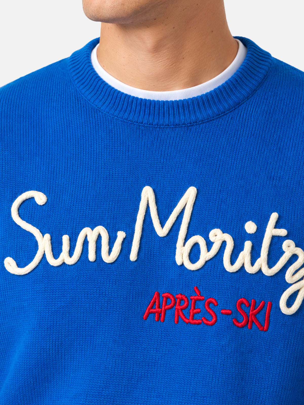 Blue Heron crewneck sweater with St. Moritz Après Ski embroidery