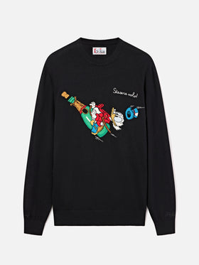 Schwarzer Light Rundhalspullover mit Scrooge McDuck Intarsie und Stickerei | Special edition 