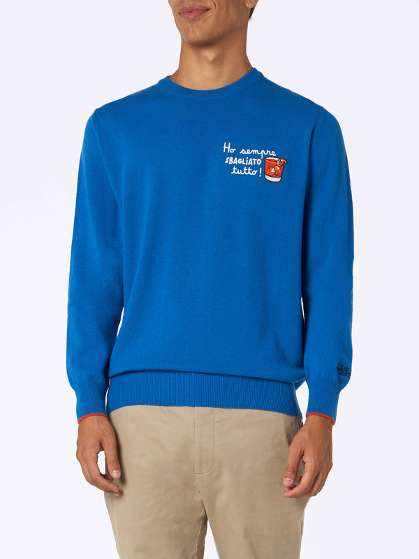 Man ski blue sweater Heron with Ho sempre sbagliato tutto embroidery