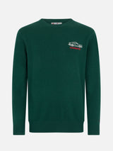 Man green sweater Heron with Cortina speed embroidery