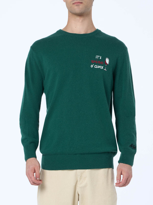 Maglione da uomo verde Heron con ricamo it's Wine o'clock