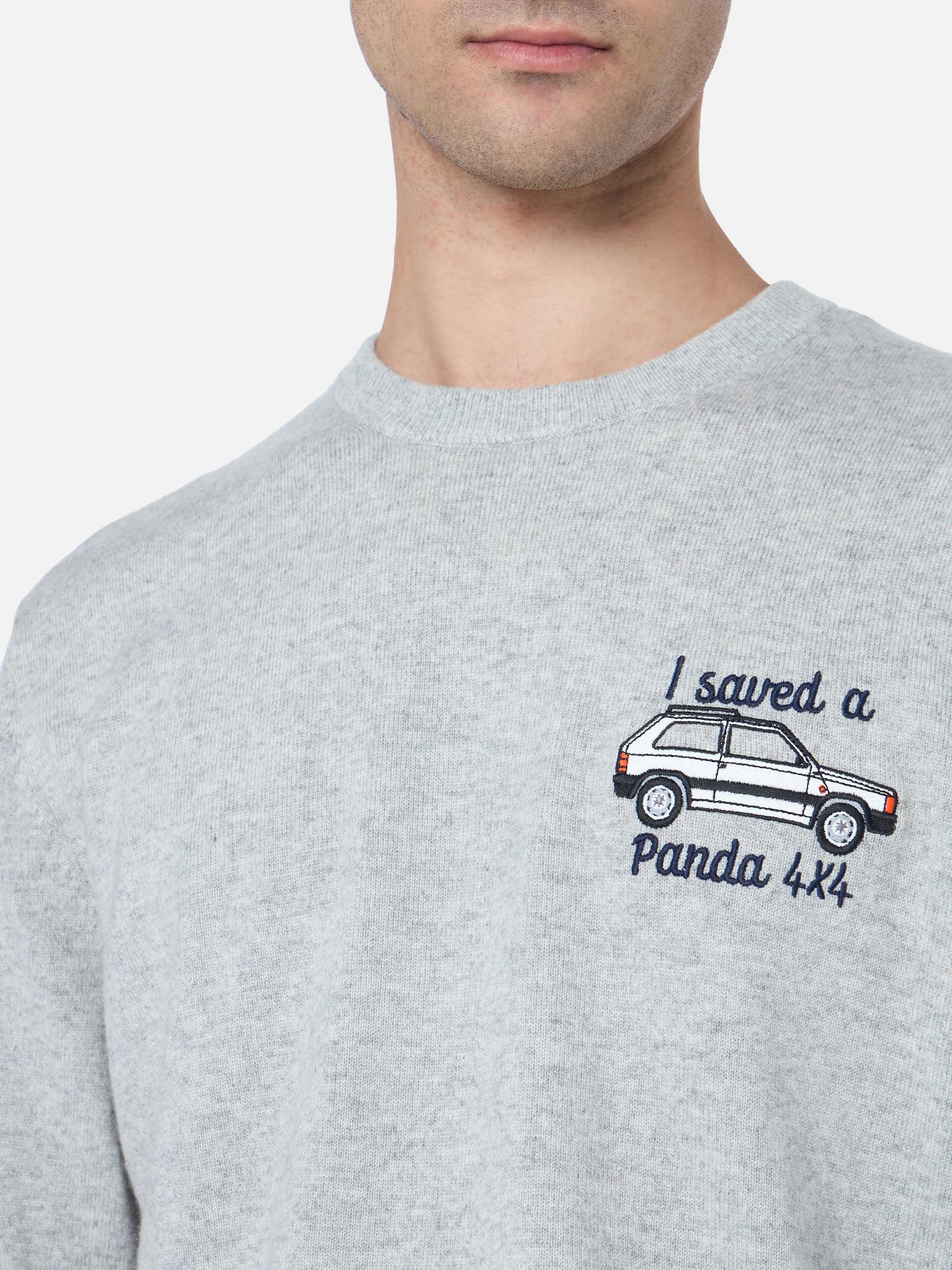 Man gray sweater Heron with I saved a Panda 4x4 embroidery | FIAT PANDA SPECIAL EDITION - MC2 Saint Barth