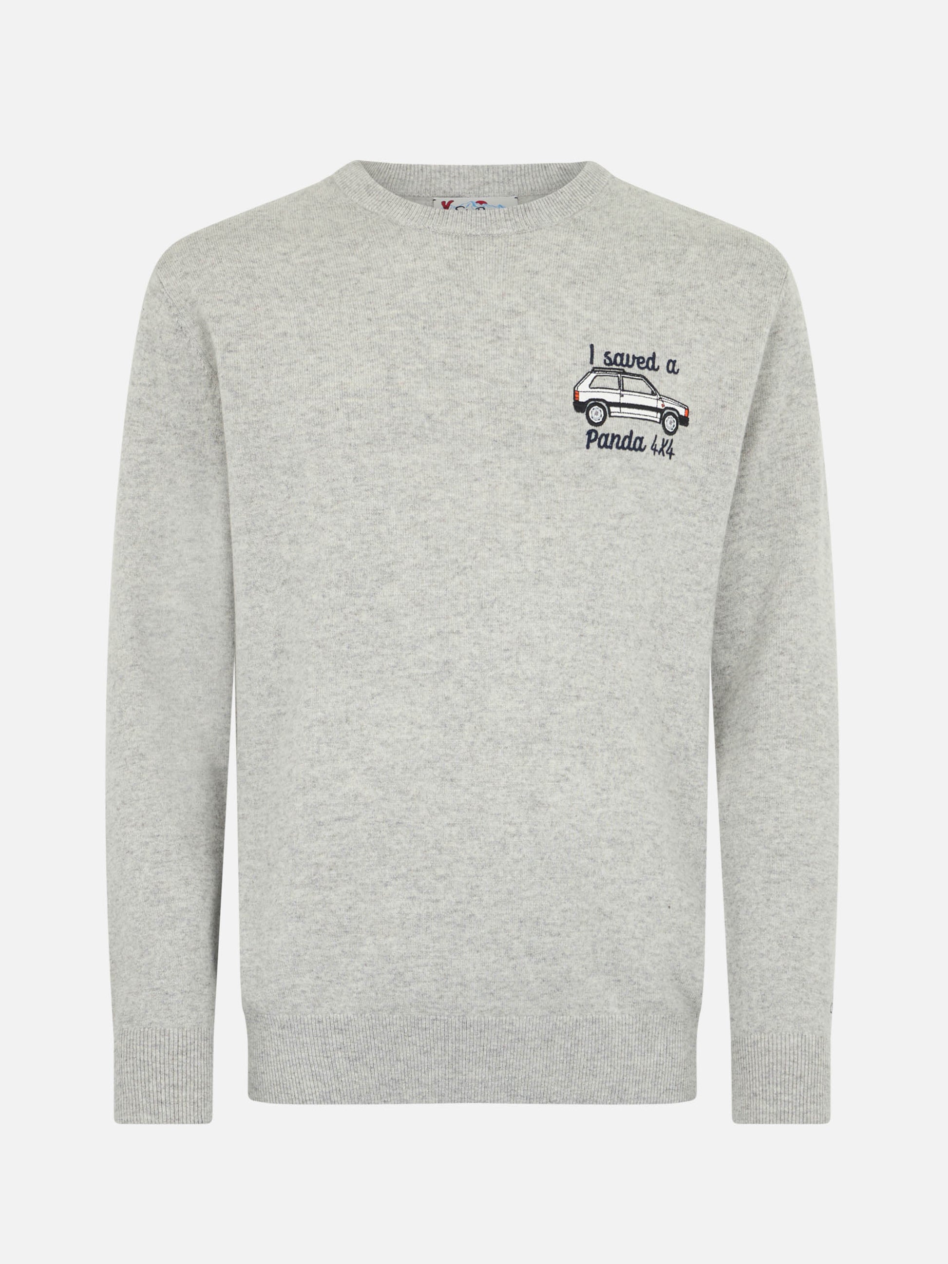 Man gray sweater Heron with I saved a Panda 4x4 embroidery | FIAT PANDA SPECIAL EDITION - MC2 Saint Barth