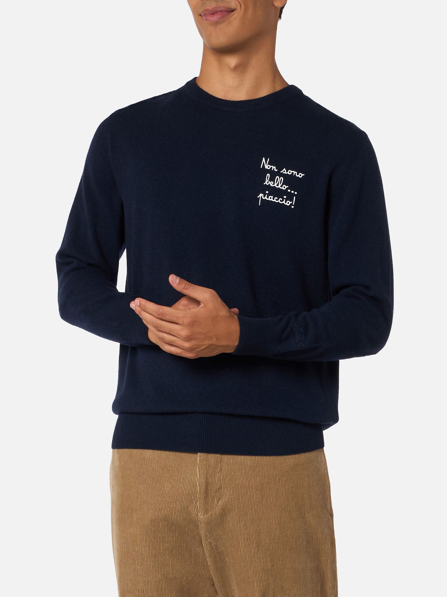 Man blue sweater Heron Light with Non sono bello, piaccio! embroidery| VACANZE DI NATALE SPECIAL EDITION - MC2 Saint Barth