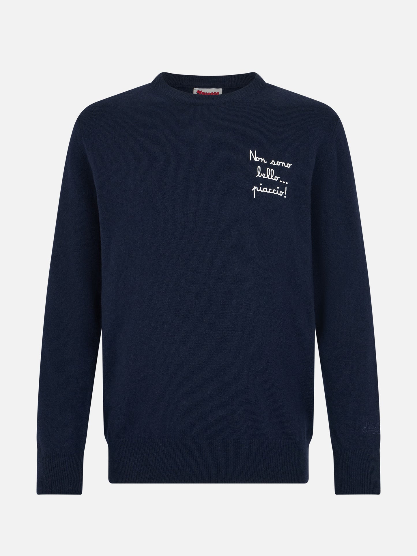 Man blue sweater Heron Light with Non sono bello, piaccio! embroidery| VACANZE DI NATALE SPECIAL EDITION - MC2 Saint Barth