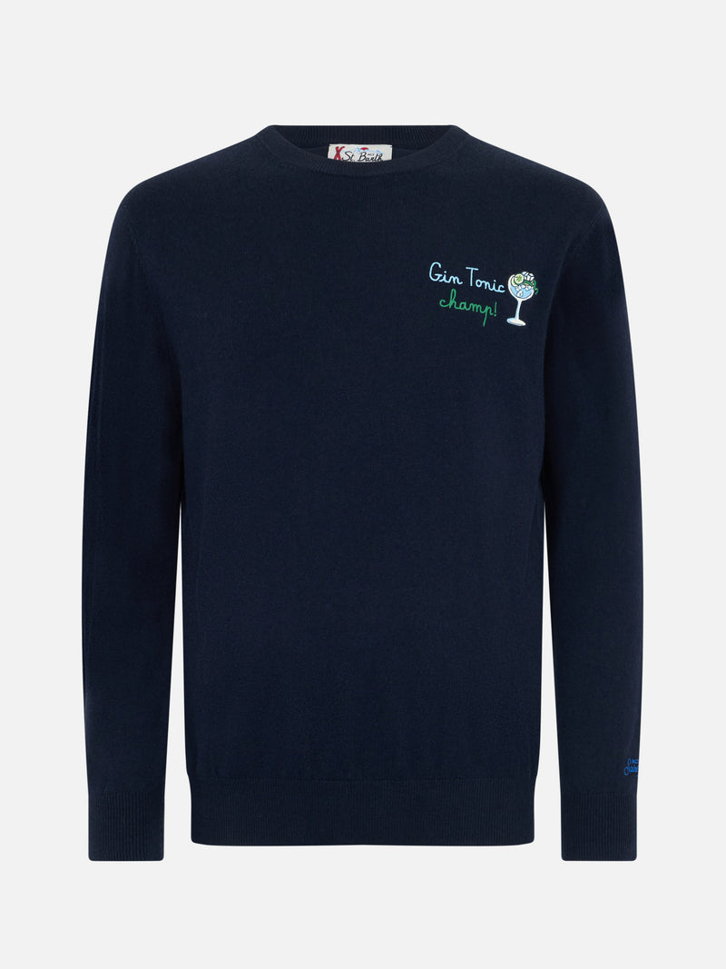 Blauer Herrenpullover Heron mit Gin Tonic Champ-Stickerei