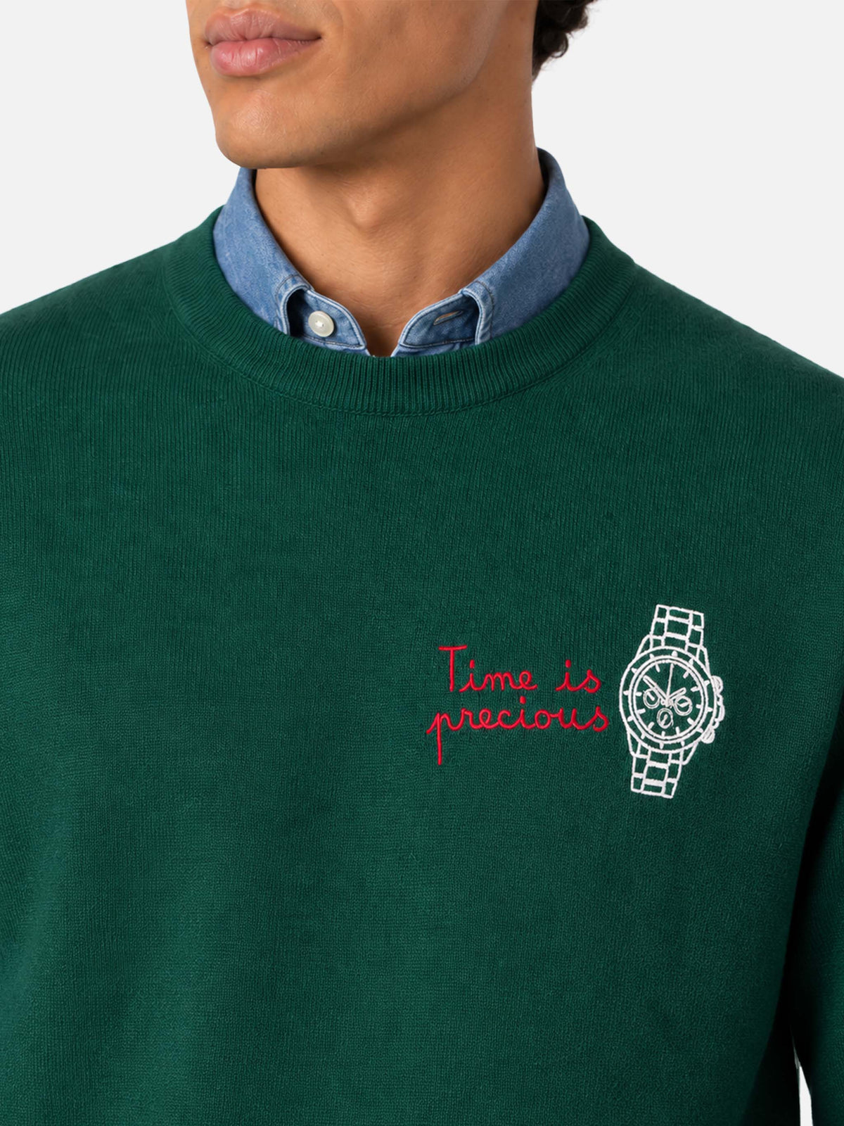 Maglione girocollo Heron con ricamo Time is precious