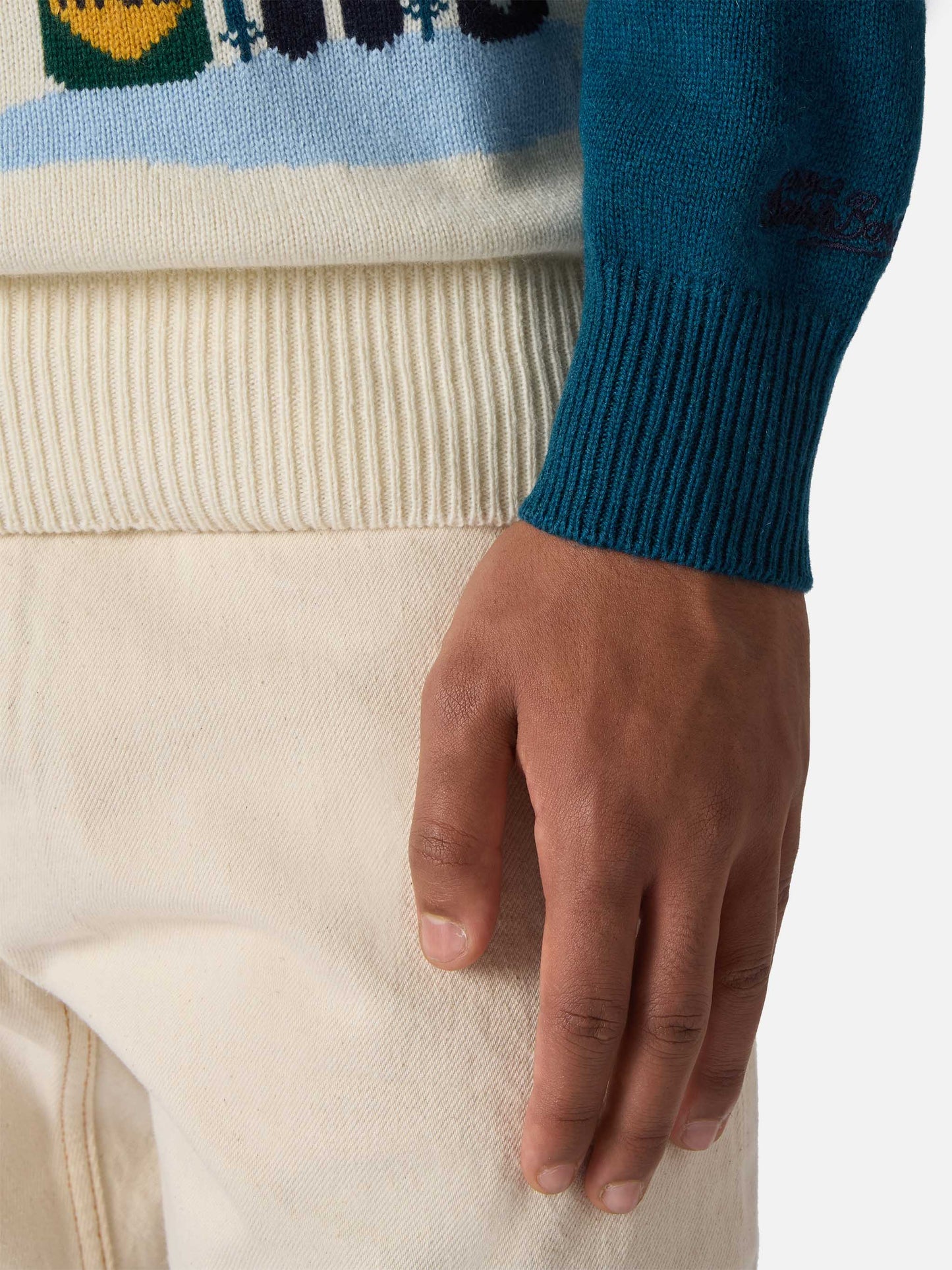 Heron-Pullover in Türkisgrün mit Après-Ski-Postkarten-Jacquard