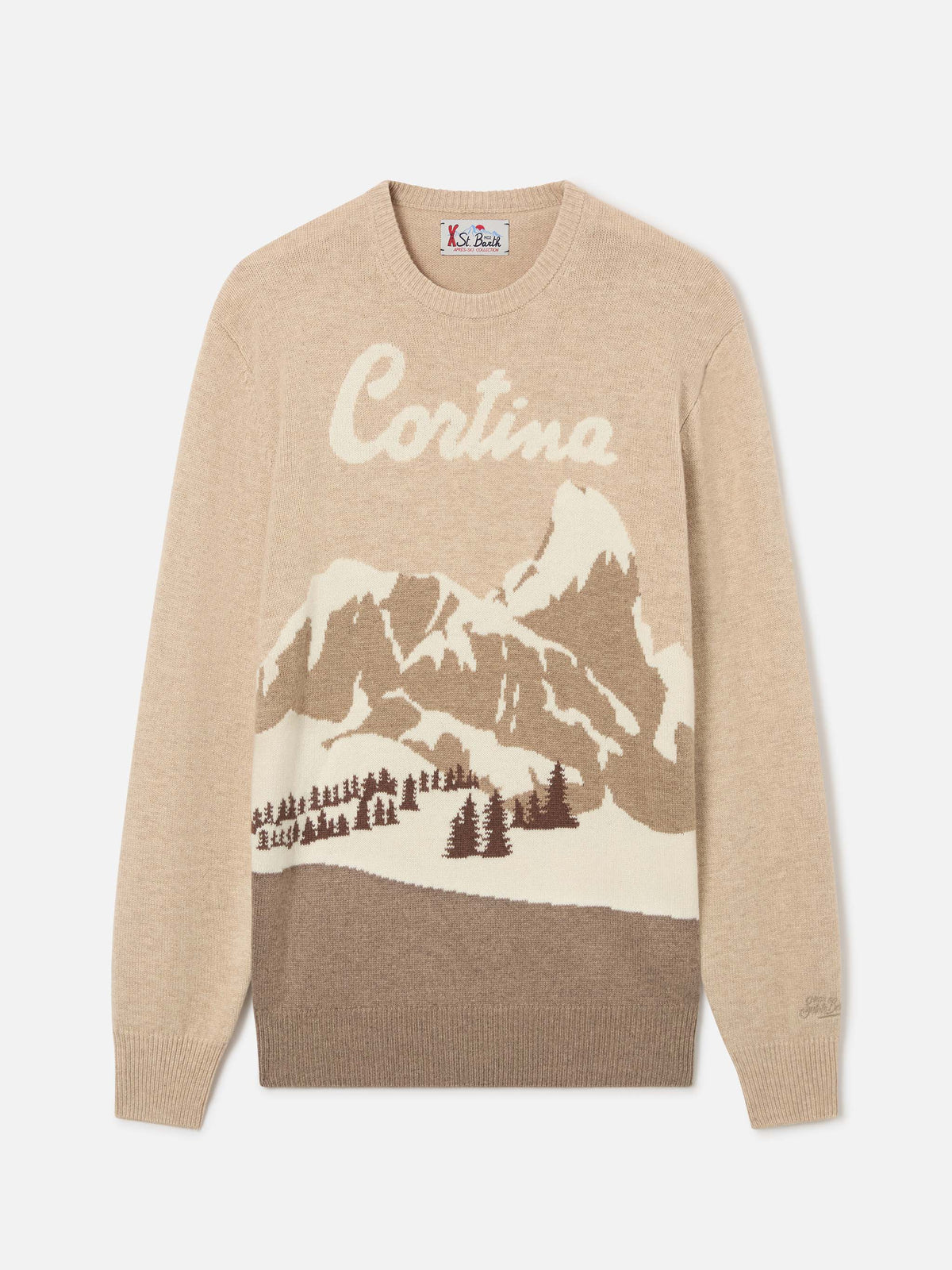 Beige Heron crewneck knit with Cortina intarsia