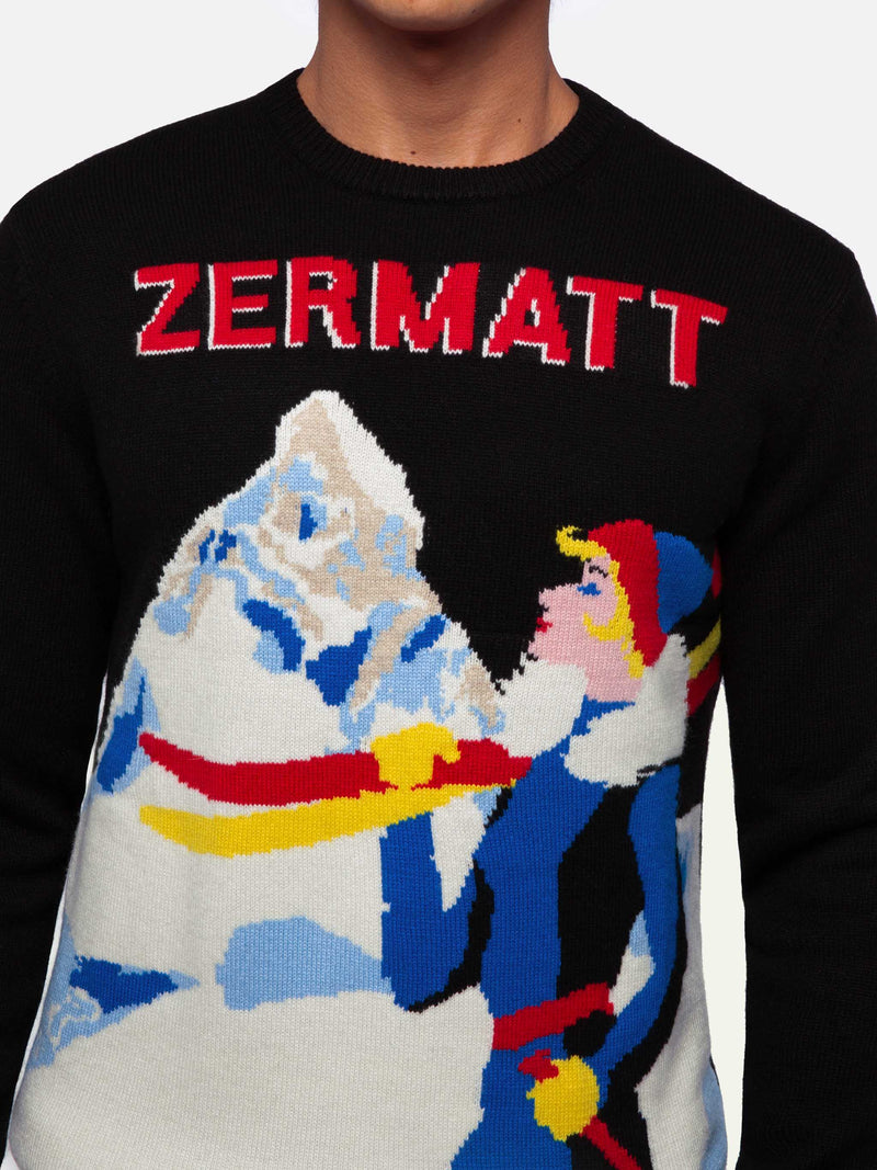 Crewneck sweater Heron with Zermatt postcard jacquard