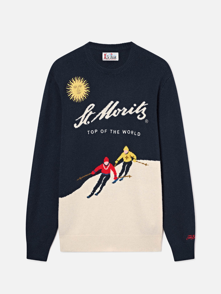 Maglia girocollo Heron blu navy con intarsio e ricamo St. Moritz | Special edition