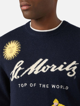 Maglia girocollo Heron blu navy con intarsio e ricamo St. Moritz | Special edition