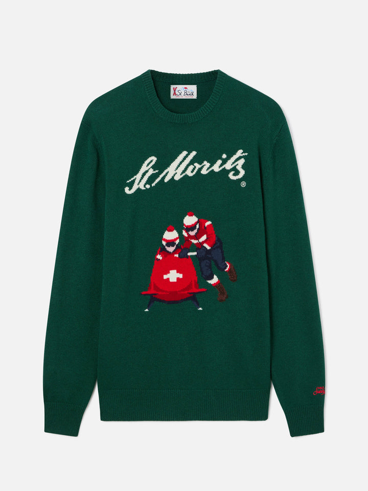 Maglia girocollo Heron verde con intarsio St. Moritz | Special edition