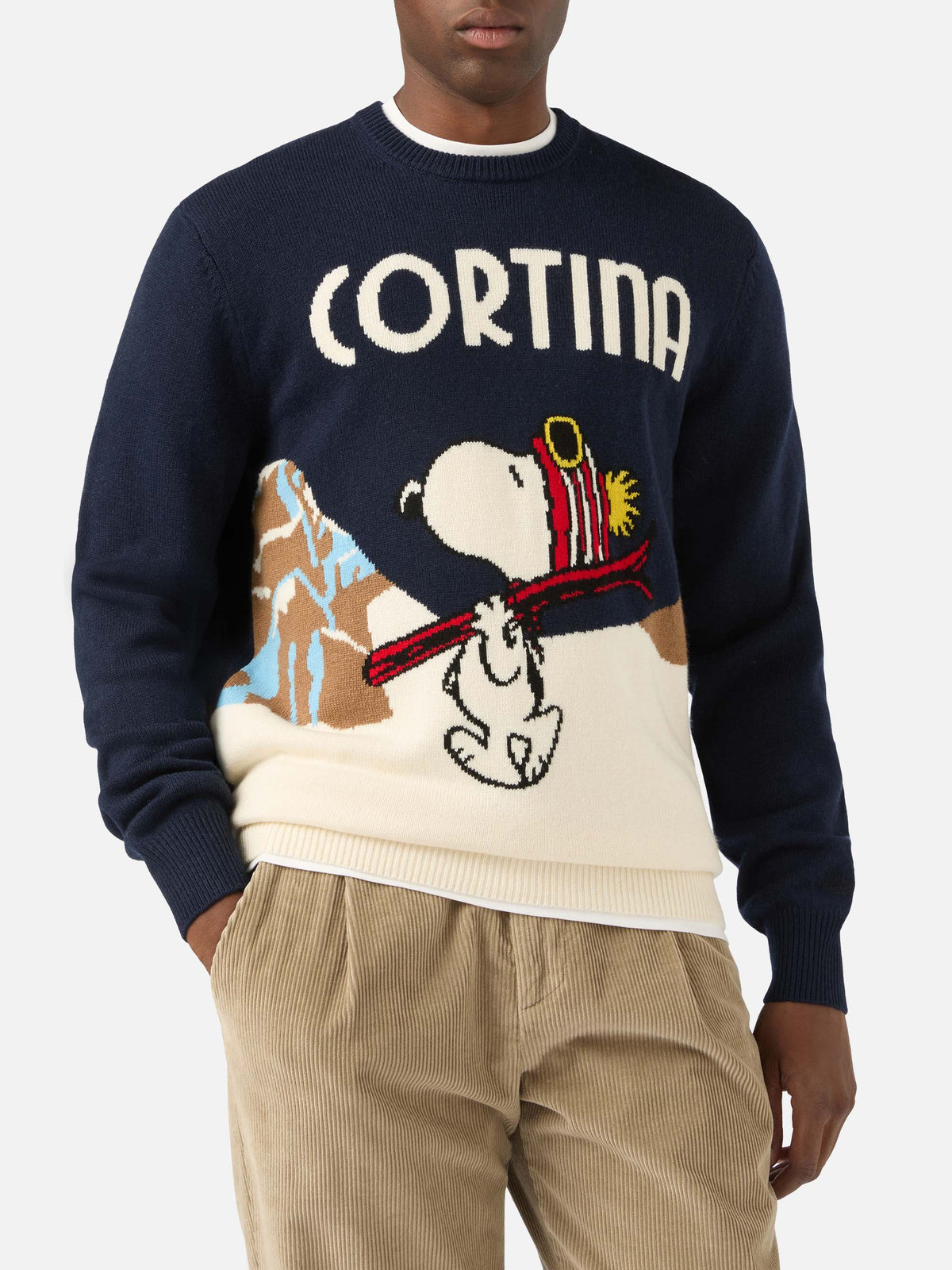 Jersey de punto con cuello redondo Heron en Navy blue con intarsia Snoopy Cortina | Special edition 
