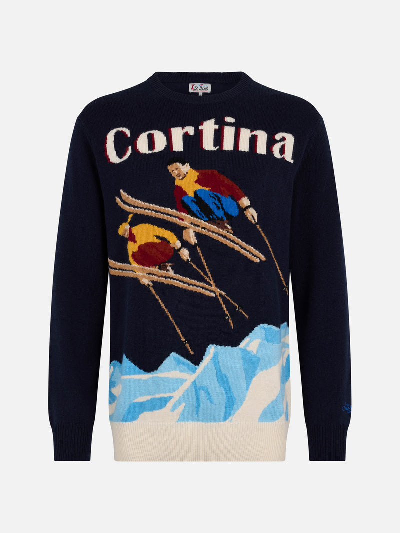 Maglione blu da uomo Heron con stampa cartolina coppia sci Cortina