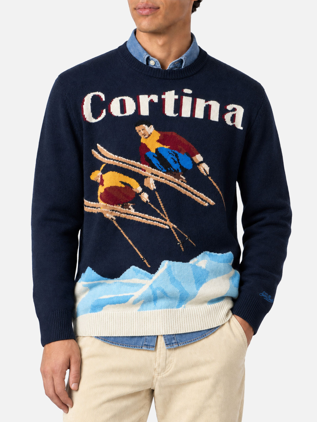 Navy blue Heron crewneck sweater with Cortina ski jacquard