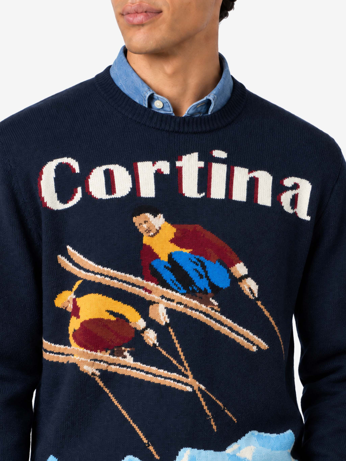 Navy blue Heron crewneck sweater with Cortina ski jacquard