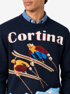 Navy blue Heron crewneck sweater with Cortina ski jacquard