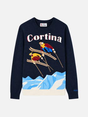 Navy blue Heron crewneck sweater with Cortina ski jacquard