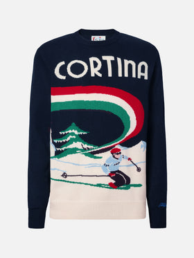 Heron-Pullover in Blau mit Cortina-Postkarten-Jacquardmuster