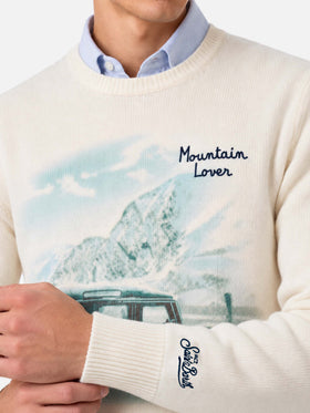 Rundhalspullover Heron mit Print und Mountain lover-Stickerei 