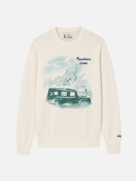 Rundhalspullover Heron mit Print und Mountain lover-Stickerei 
