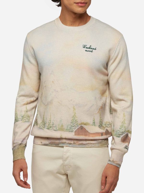 Maglione girocollo Heron con stampa paesaggio e ricamo Weekend mood