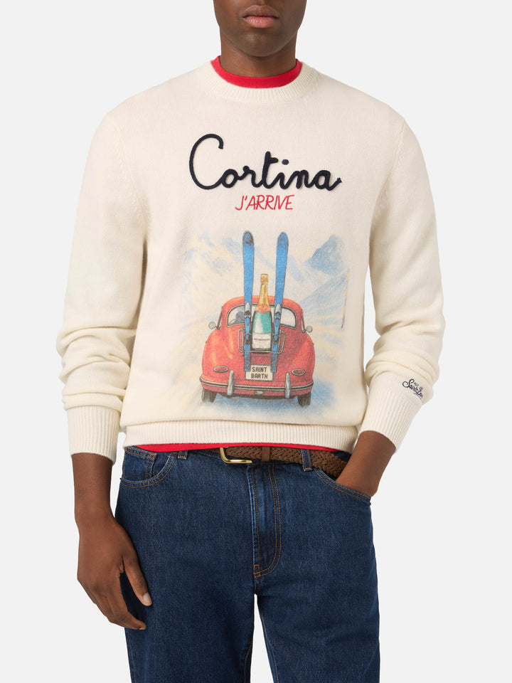 Grey Heron wool and cashmere blend crewneck with Cortina J'arrive intarsia and embroidery