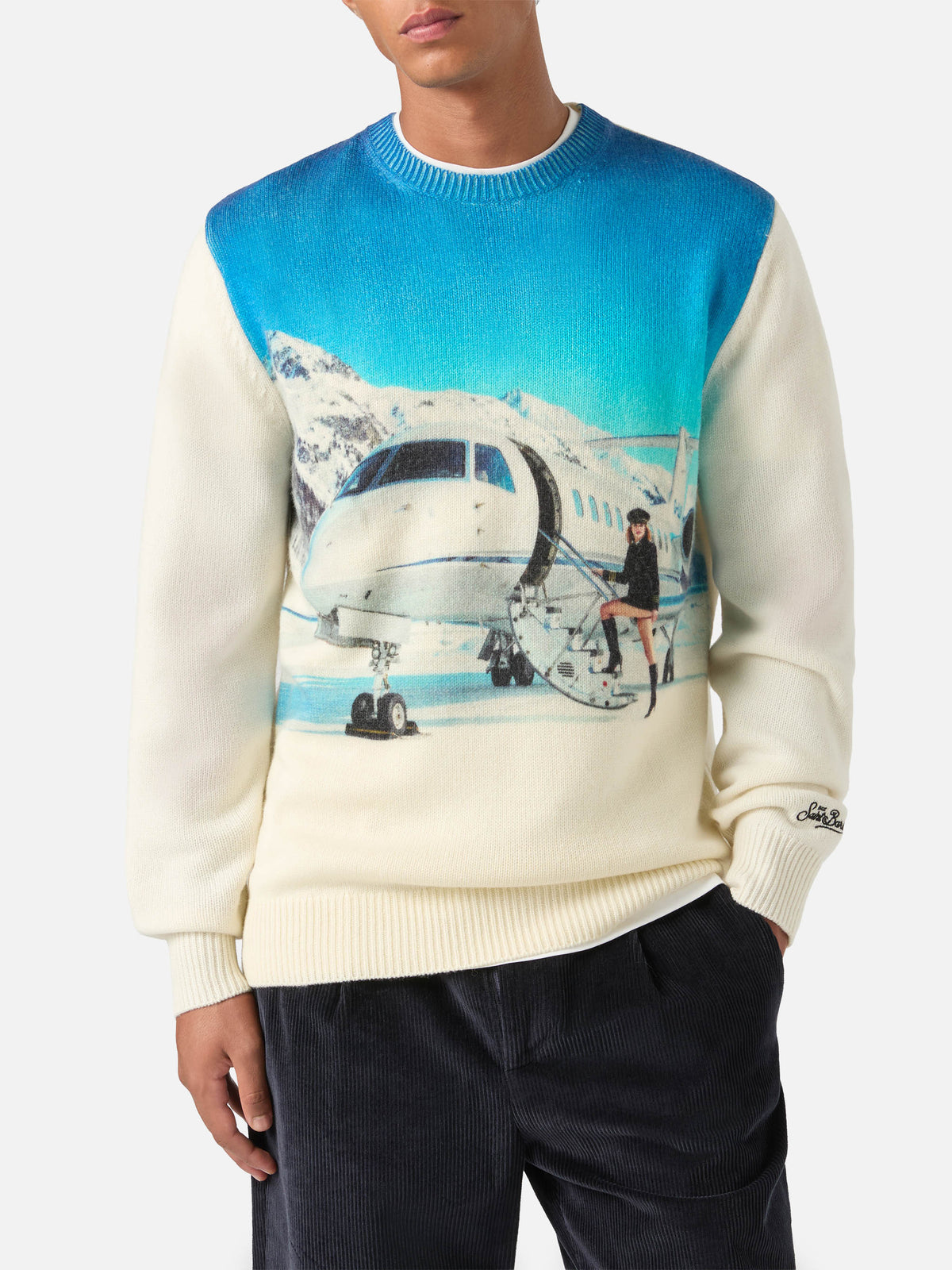 Grey Heron wool and cashmere blend crewneck with private jet intarsia and embroidery | Special edition