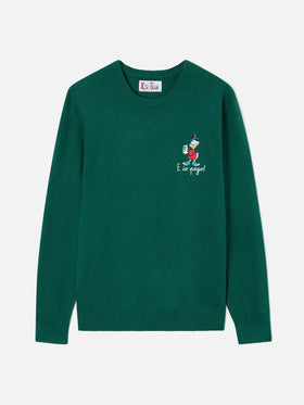 Green Heron Jersey de cuello redondo en mezcla de lana ligera y cachemira con bordado de Scrooge McDuck | Special edition 