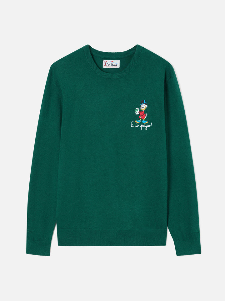Green Heron Jersey de cuello redondo en mezcla de lana ligera y cachemira con bordado de Scrooge McDuck | Special edition 