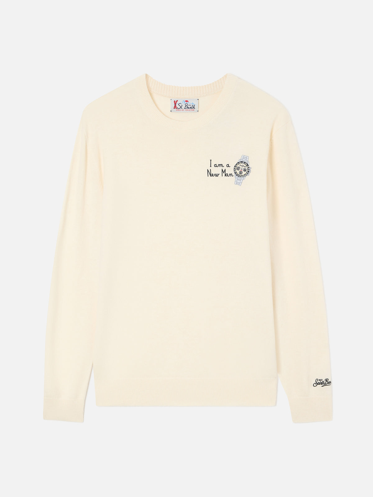 Maglia girocollo Heron Light grigia in misto lana e cashmere con ricamo I Am A New Man