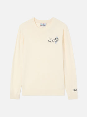 Maglia girocollo Heron Light grigia in misto lana e cashmere con ricamo I Am A New Man