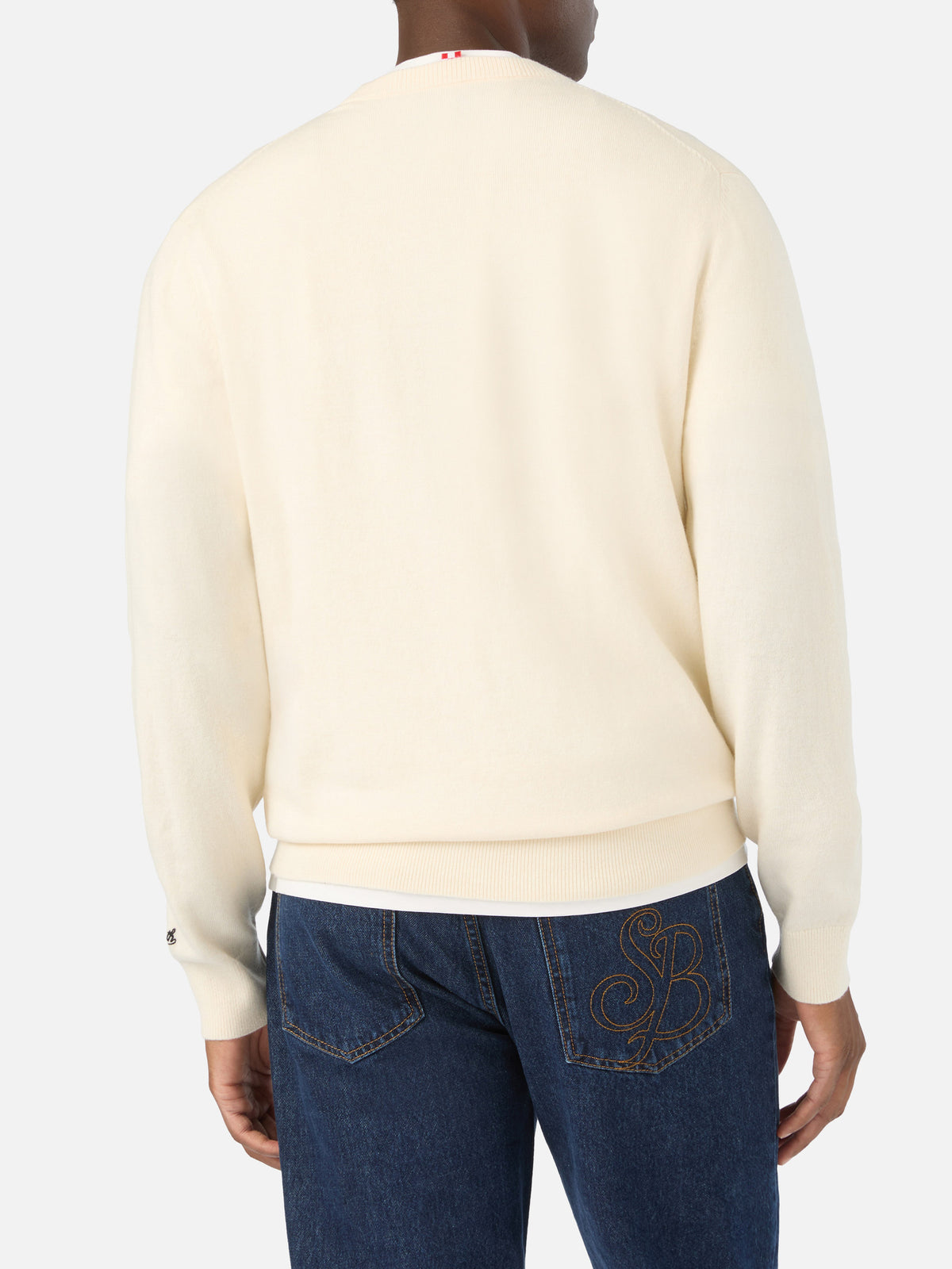 Grey Heron Light wool and cashmere blend crewneck with I Am A New Man embroidery