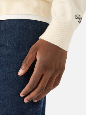 Grey Heron Light wool and cashmere blend crewneck with I Am A New Man embroidery