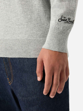 Maglia girocollo Heron Light grigia in misto lana e cashmere con ricamo Famola Strana