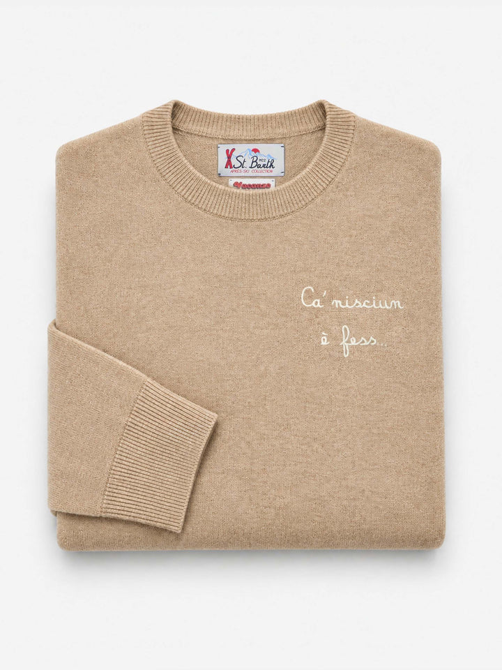Girocollo in misto lana e cashmere Heron Light beige con ricamo Ca' Nisciun È Fess | Special edition
