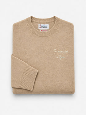 Beige Heron Light wool and cashmere blend crewneck with Ca' Nisciun È Fess embroidery | Special edition