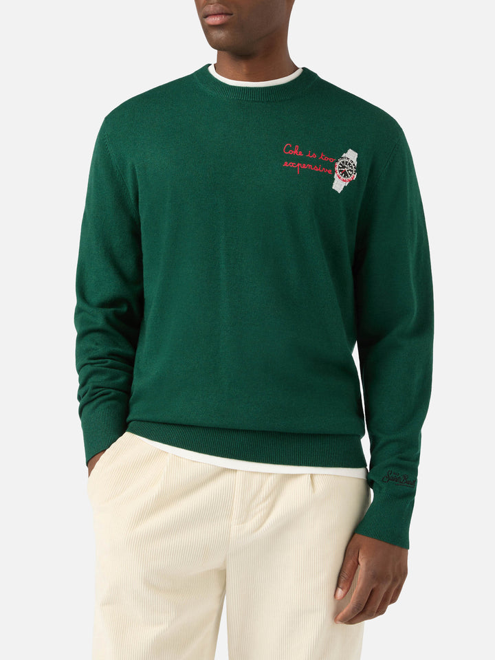 Jersey de cuello redondo Green Heron en mezcla ligera de lana y cachemir con bordado de reloj 