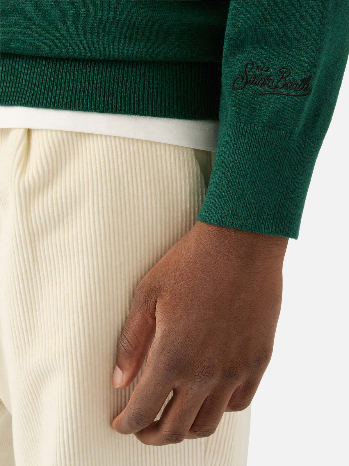 Maglia girocollo Heron Light verde in misto lana e cashmere con ricamo orologio