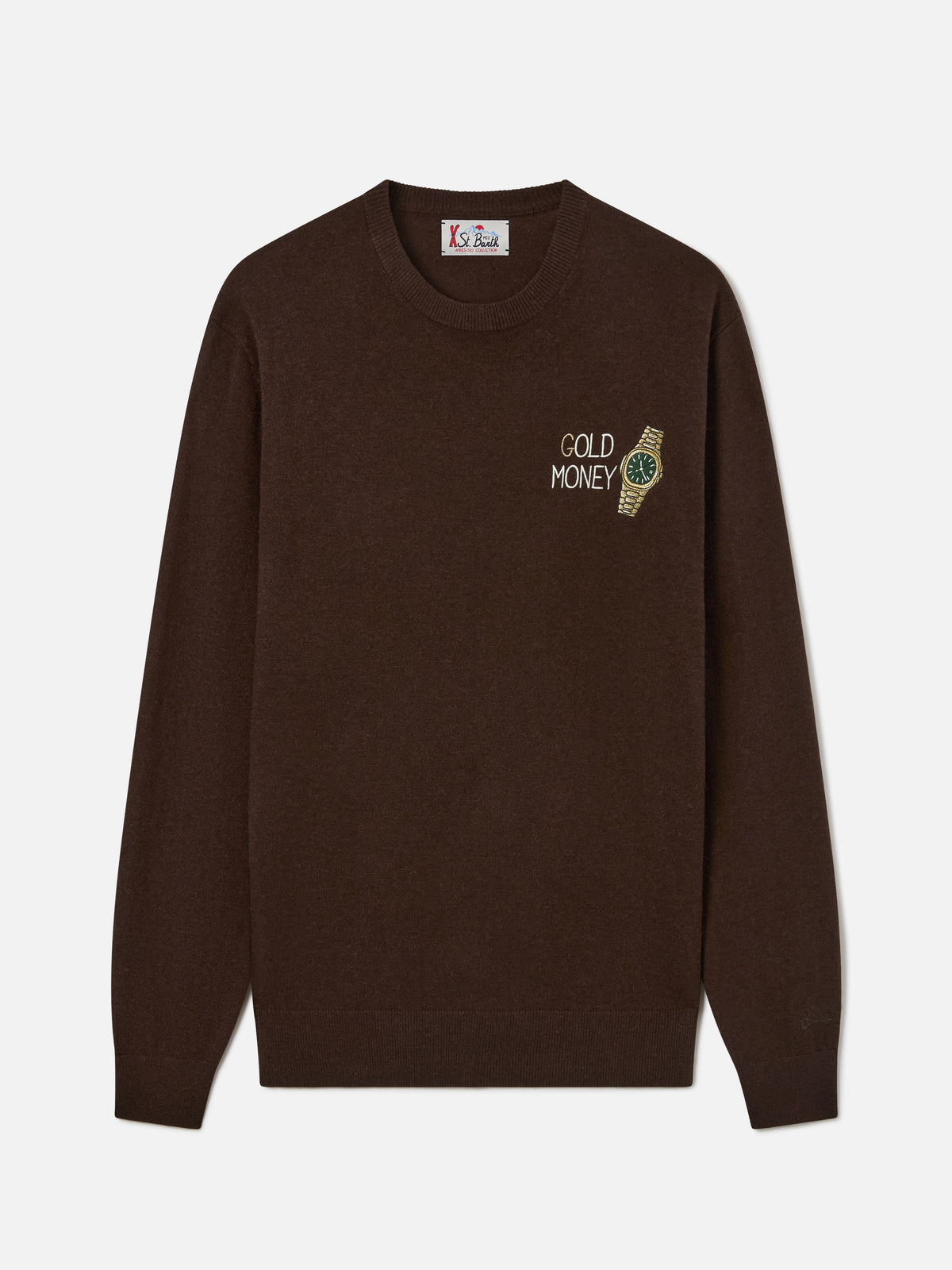 Brown Heron pull ras du cou en mélange de laine légère et cachemire avec broderie Gold Money 