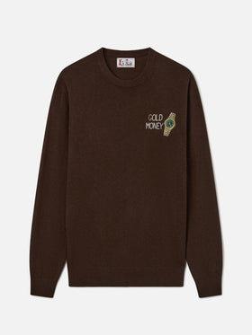 Brown Heron pull ras du cou en mélange de laine légère et cachemire avec broderie Gold Money 