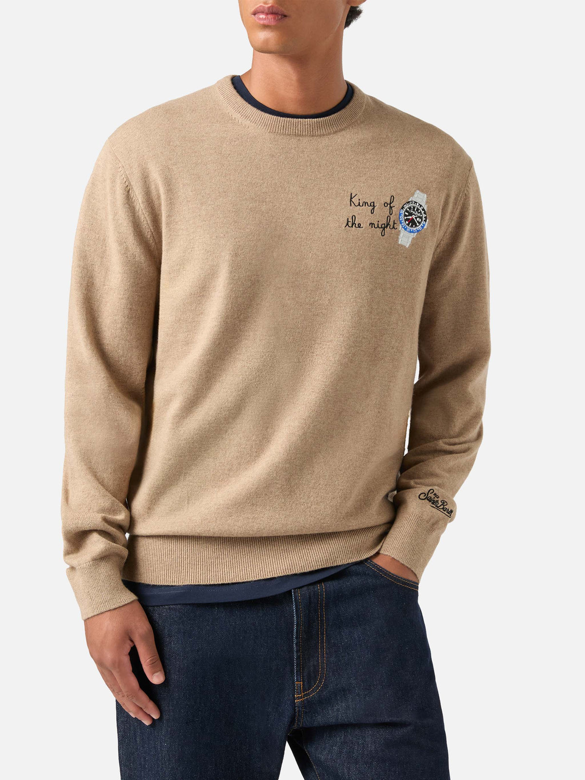 Maglia girocollo Heron Light beige in misto lana e cashmere con ricamo King Of The Night