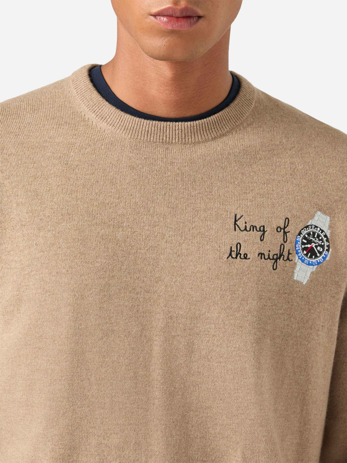Maglia girocollo Heron Light beige in misto lana e cashmere con ricamo King Of The Night
